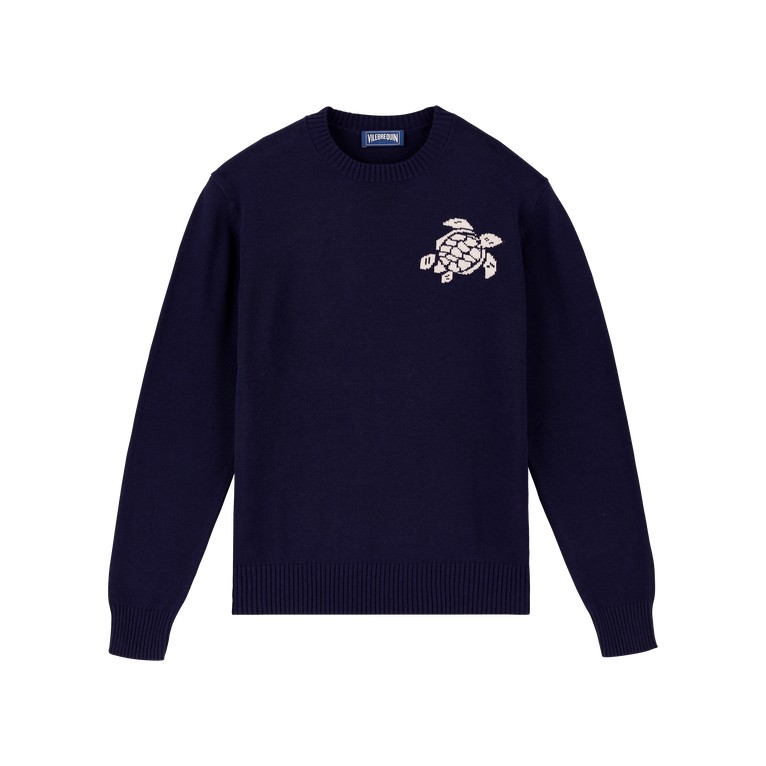 Blue crewneck sweater made of cotton and cashmere, featuring a turtle graphic on the left chest and ribbed cuffs and hem, available in size XXL.