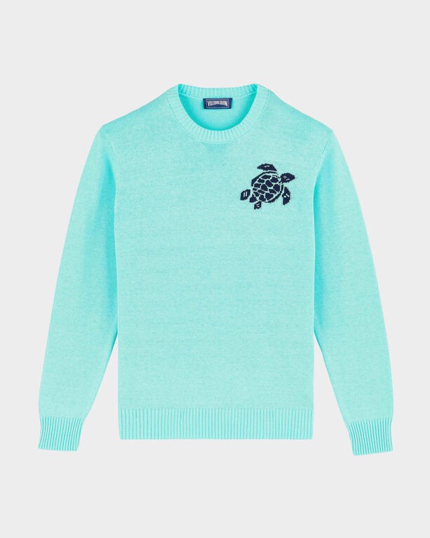 Light blue crewneck sweater made of cotton and cashmere, featuring a navy turtle logo on the chest and ribbed cuffs and hem, in size XXXL.