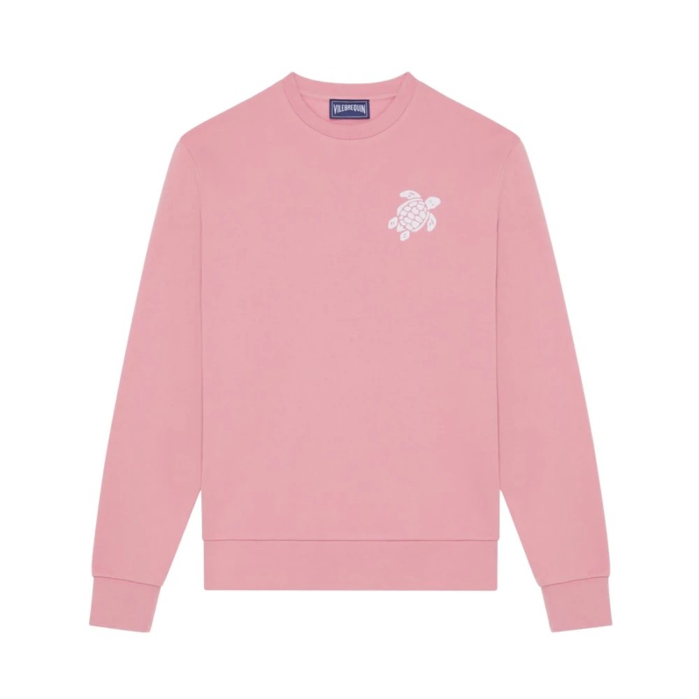 Pink crewneck sweatshirt made of cotton, featuring a large white turtle embroidery on the chest, with long sleeves and a relaxed fit, size S.
