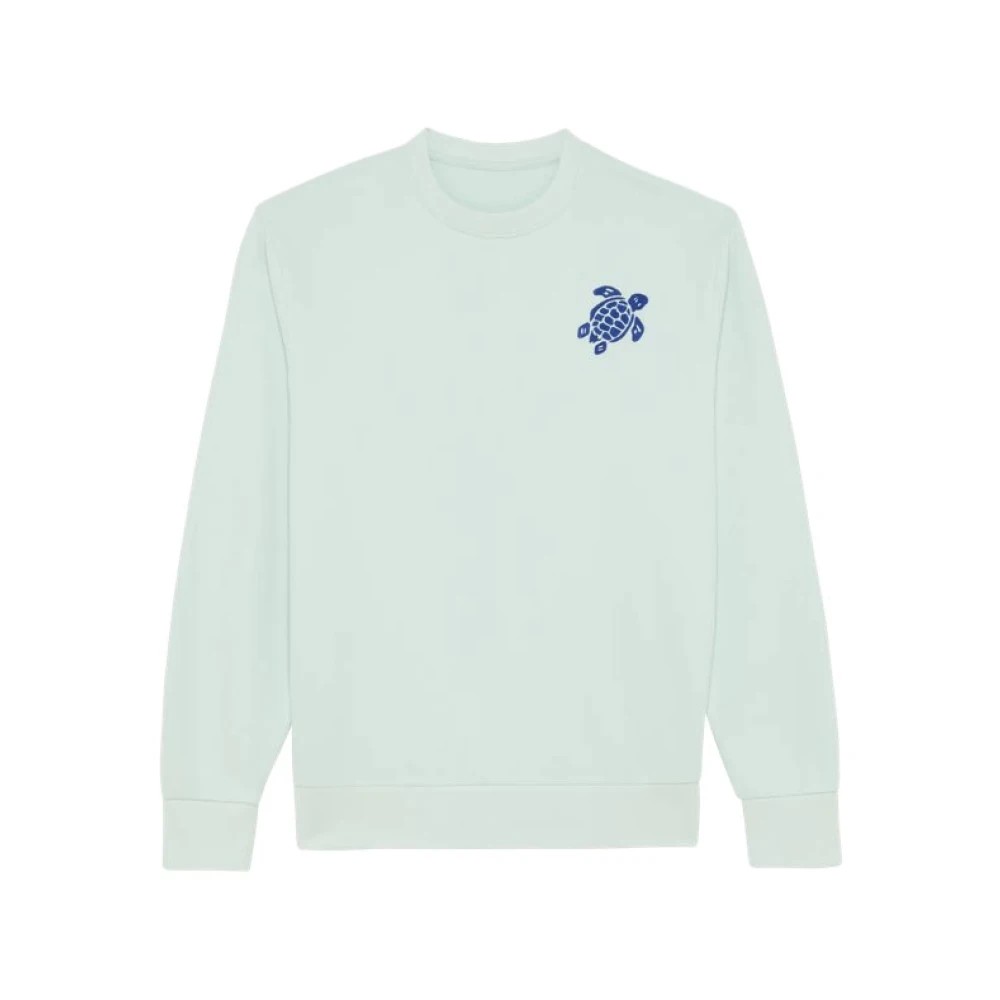 Light blue crewneck sweatshirt made of cotton featuring a large blue turtle embroidery on the left chest, with ribbed cuffs and hem, in size M.
