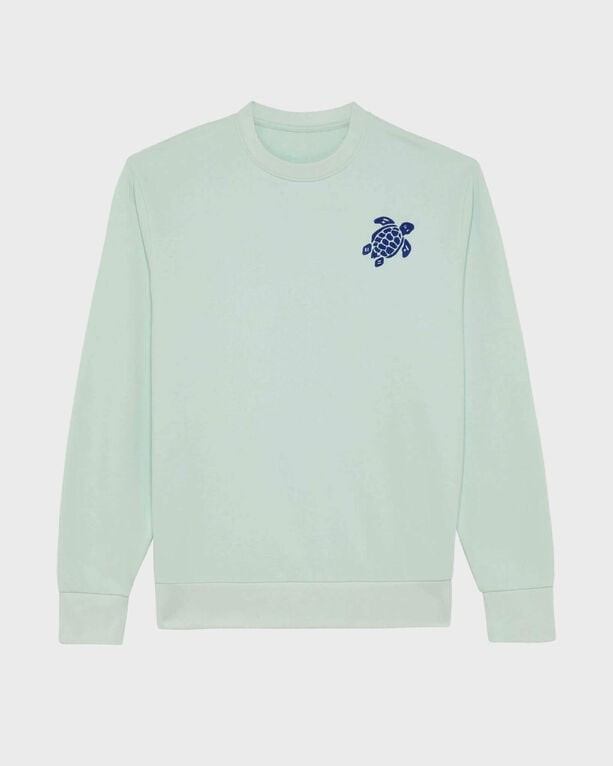 Light blue crewneck sweatshirt made of organic cotton, featuring a navy turtle logo on the left chest, designed by Vilebrequin in size XXL.