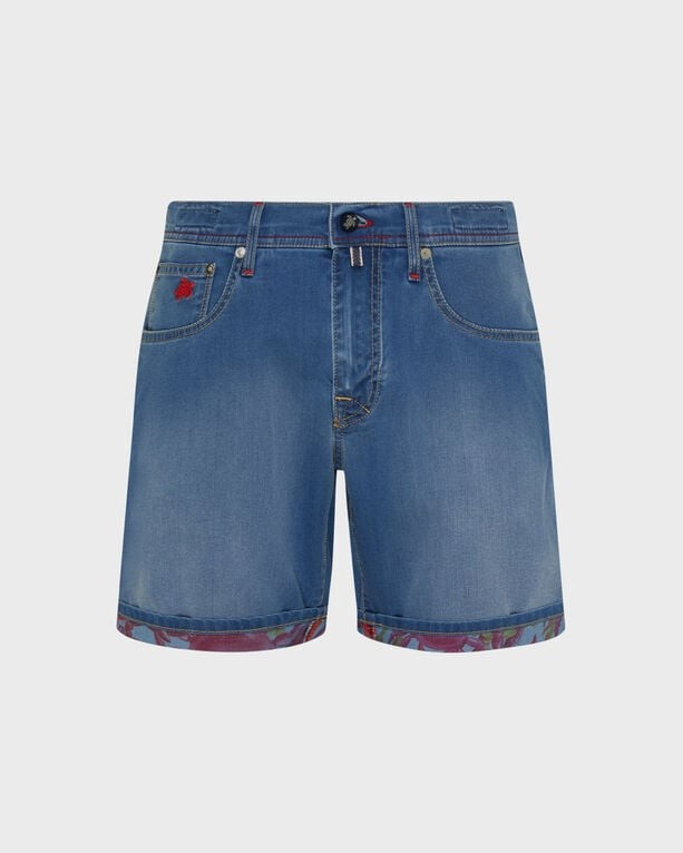 Blue denim Bermuda shorts by Vilebrequin, featuring a vibrant crab balloon print on the hem, with a classic five-pocket design and size 38.