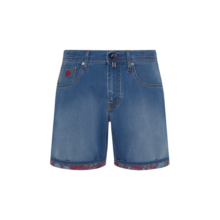 Blue denim Bermuda shorts by Vilebrequin featuring a vibrant crab balloon print on the hem, with a classic five-pocket design and a size 32 label.