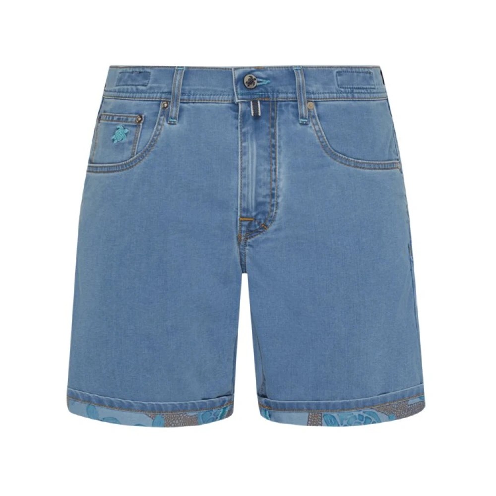 Blue denim Bermuda shorts featuring starfish and turtle patterns on the hem, with a classic five-pocket design and a button closure, size 32.