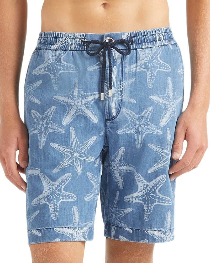 Men's light denim Bermuda shorts in blue featuring a starfish print, with an elastic waistband and drawstring, size 38 by Vilebrequin.