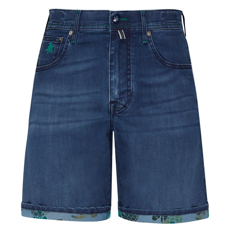 Blue denim Bermuda shorts by Vilebrequin featuring Tahiti Turtles design on the hem, size 36, with a classic fit and subtle branding on the front pocket.