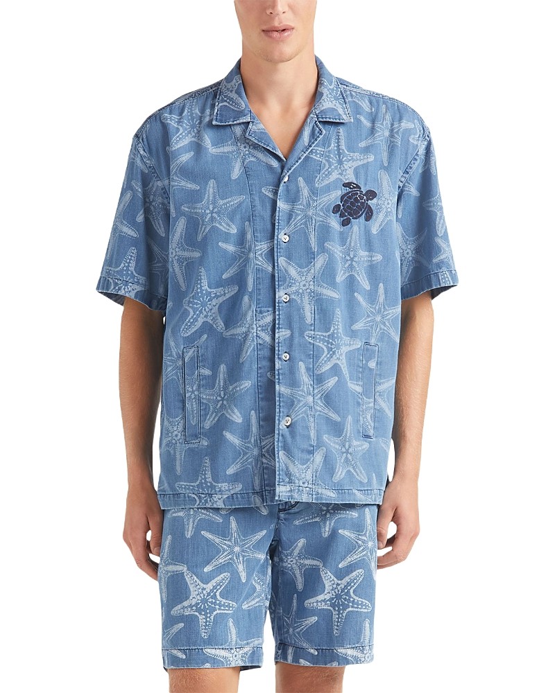 Light blue denim short-sleeve shirt featuring a starfish print, with a button-up front and a chest pocket, designed for men in size M by Vilebrequin.