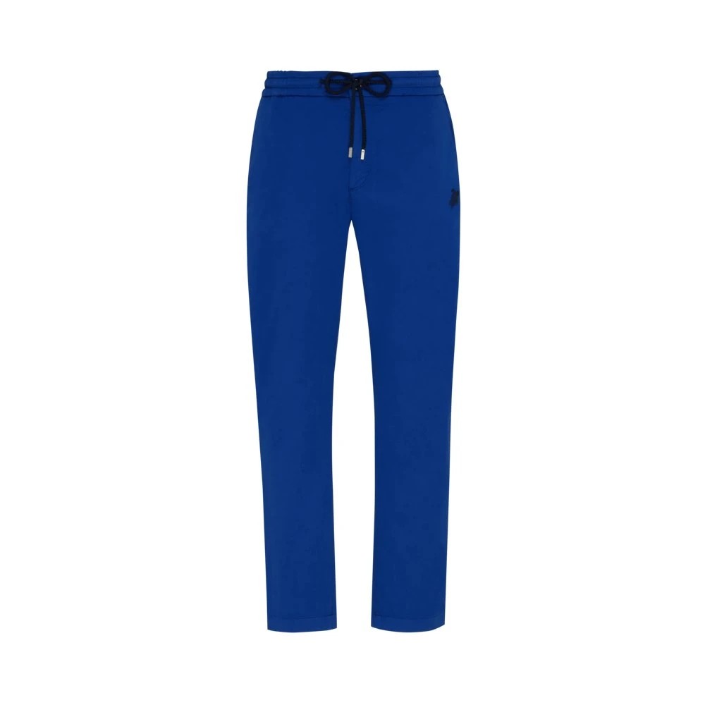 Solid blue cotton pants with an elastic waist and drawstring, featuring a sleek design and a small logo detail, available in size 32.