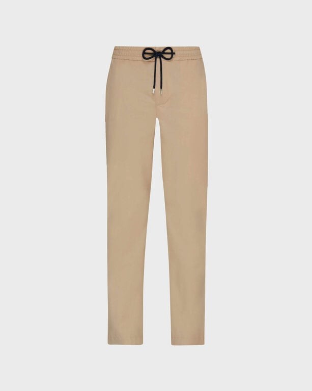 Beige elastic waist cotton pants with a drawstring, featuring a solid design and a tailored fit, labeled as Clemence in size 42 by Vilebrequin.