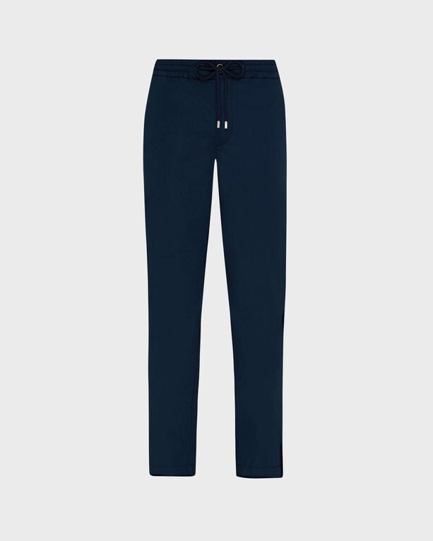 Men's solid blue cotton pants by Vilebrequin, featuring an elastic waist with a drawstring, slim fit, and size 42.