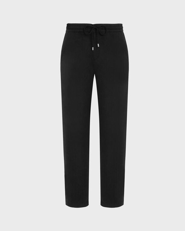 Black elastic waist pants made of cotton satin, featuring a drawstring closure and a relaxed fit, designed by Vilebrequin in size L.