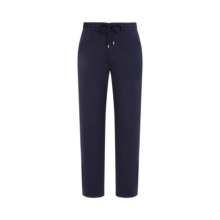 Blue elastic waist pants made of cotton satin, featuring a drawstring closure and a relaxed fit, designed for men in size M.