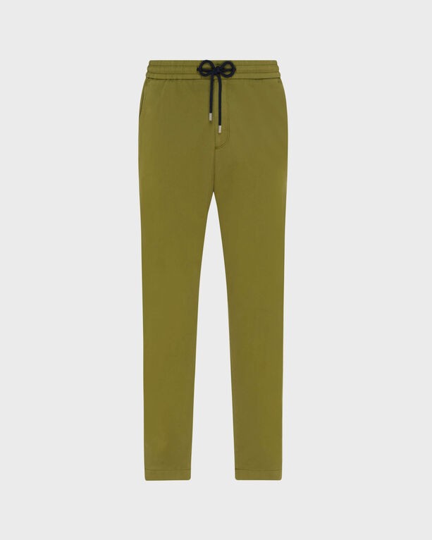 Green elastic waist pants made of cotton satin, featuring a drawstring closure and a sleek, solid design, available in size XXL by Vilebrequin.