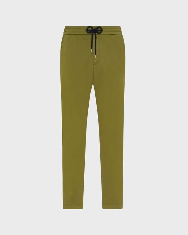 Green cotton satin pants with an elastic waist and drawstring, featuring a sleek, solid design, available in size XXXL.
