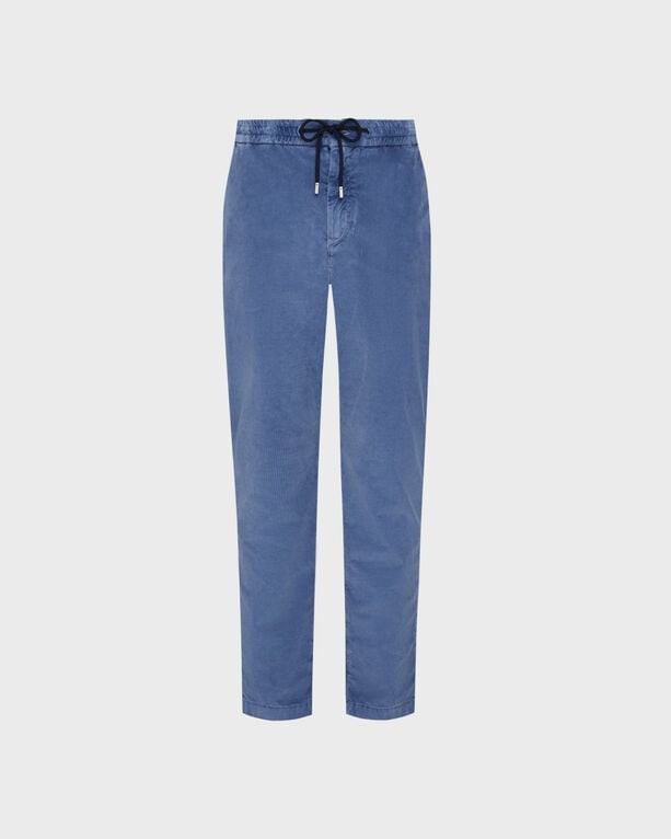 Men's blue elastic waist pants made of soft velvet, featuring a drawstring closure and a tapered fit, labeled as Clemence in size 30 by Vilebrequin.