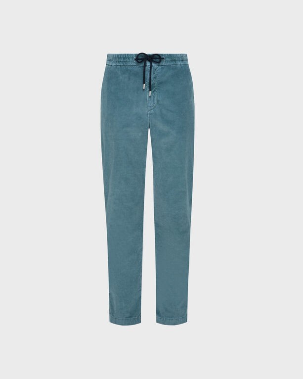 Men's blue elastic waist pants made of soft velvet, featuring a drawstring closure and a relaxed fit, labeled as Clemence in size 38 by Vilebrequin.