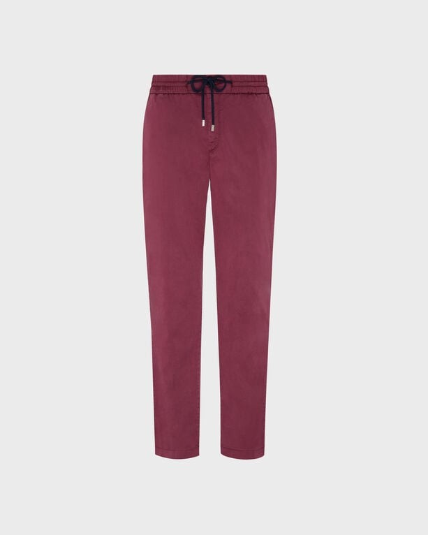 Red elastic waist pants made from Tencel satin, featuring a drawstring closure and a slim fit, labeled as Clemence in size 28 by Vilebrequin.