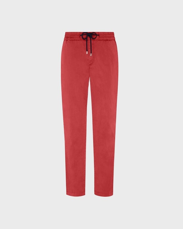 Red elastic waist pants made of Tencel satin, featuring a drawstring closure and a slim fit, labeled as size 30 by Vilebrequin.
