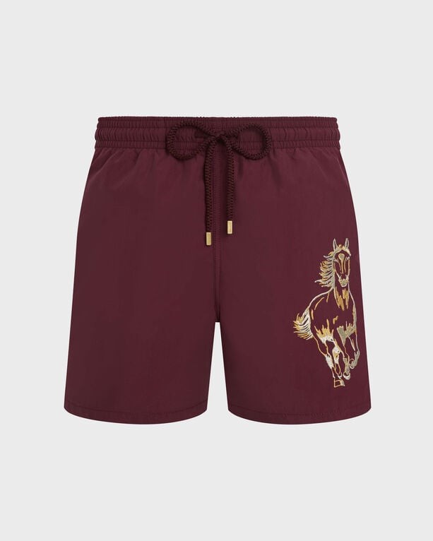 Red swim shorts featuring an embroidered horse design, elastic waistband with drawstring, and made from lightweight fabric, size L by Vilebrequin.