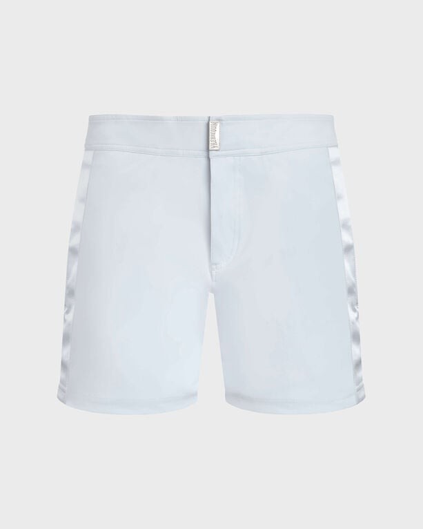 Men's flat belt swim shorts in midnight blue with white satin side stripes, tailored fit, made from lightweight material, size XL.