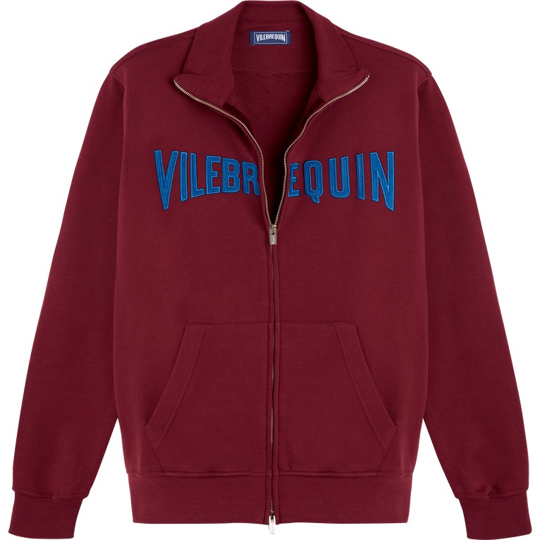 Red full zip sweatshirt featuring an embroidered blue "Vilebrequin" logo on the front, made of soft velvet material, with a classic collar and ribbed cuffs. Size XL.