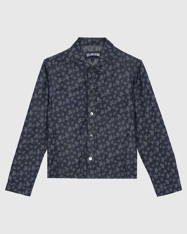 Blue light denim jacket by Vilebrequin featuring a jacquard pattern of turtles, button closure, and a classic collar, size XL.