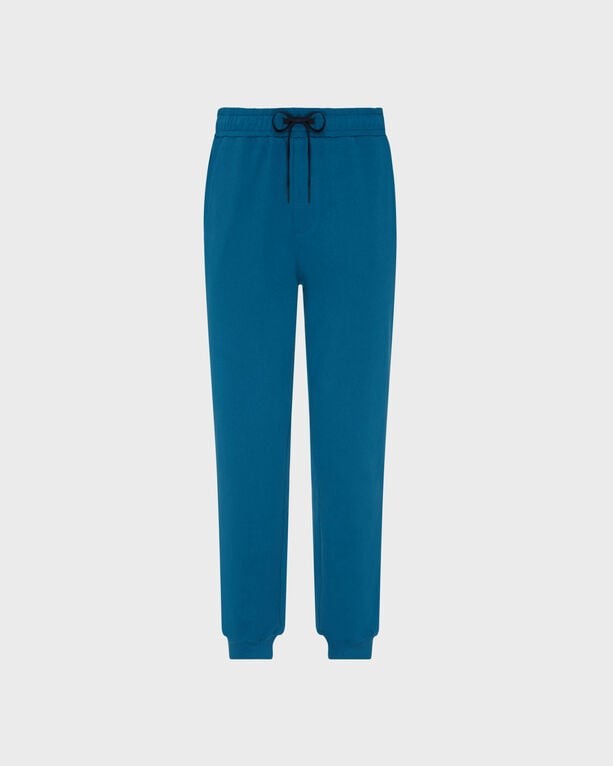 Solid blue cotton jogger pants for men by Vilebrequin, featuring an elastic waistband with a drawstring and ribbed cuffs, available in size XXL.