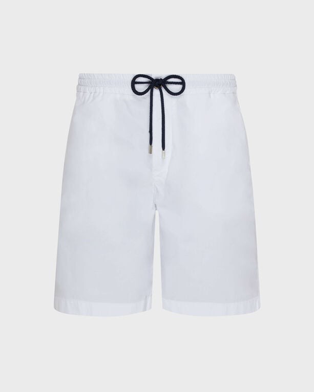 White gabardine stretch Bermuda shorts by Vilebrequin, featuring an elastic waistband with a navy drawstring and a relaxed fit, size 42.
