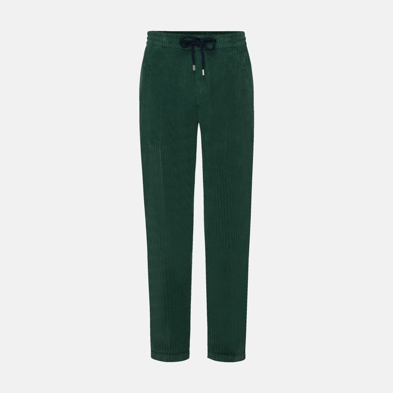 Green corduroy jogger pants with a drawstring waist, featuring a relaxed fit and vintage style, labeled as size 40 by Vilebrequin.