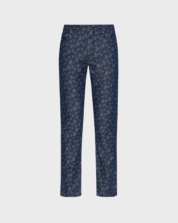 Light blue denim pants featuring a jacquard pattern of turtles, designed by Vilebrequin, with a straight fit and size 32.