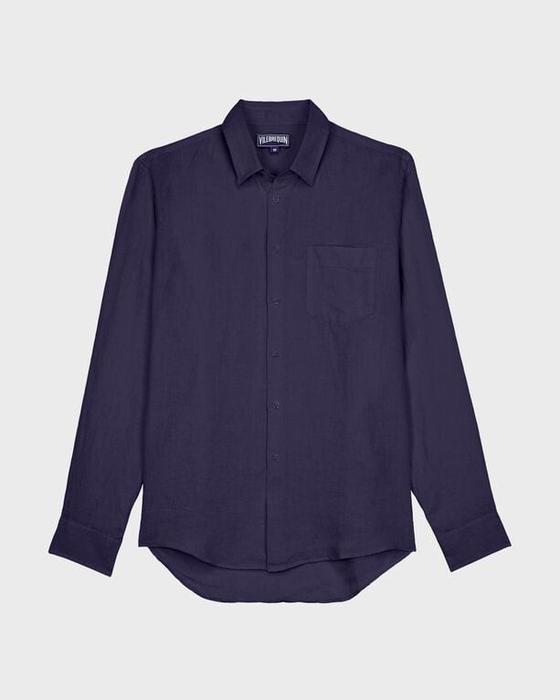 Blue linen and cotton shirt with a jacquard turtle monogram, featuring a button-up front, long sleeves, and a single chest pocket, in size XXXL.