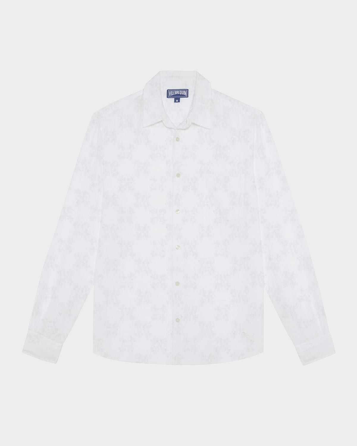 White linen and cotton shirt featuring a jacquard turtle monogram pattern, with a classic collar, button closure, and long sleeves, in size M.