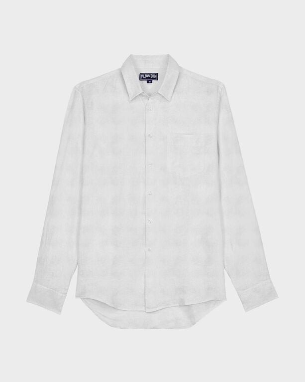 White linen and cotton shirt featuring a jacquard turtle monogram, long sleeves, a button-down front, and a single chest pocket, available in size XXXL.