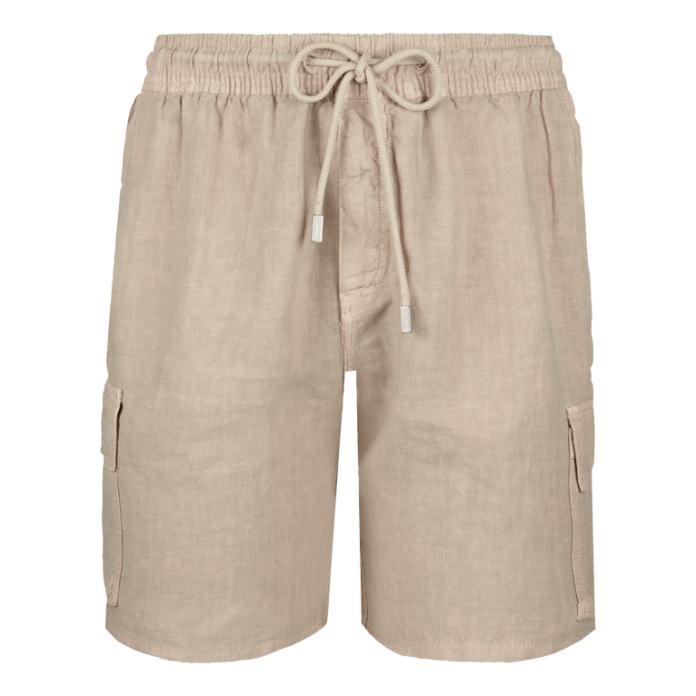Beige linen Bermuda shorts with cargo pockets, an elastic waistband, and drawstring closure, designed for men in size M by Vilebrequin.