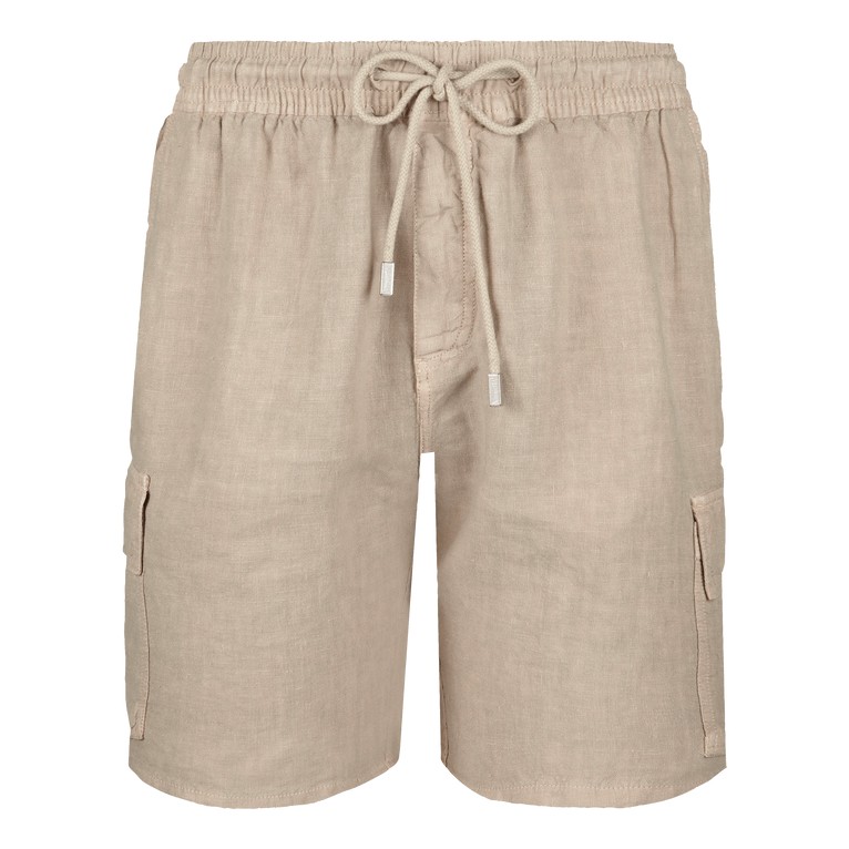 Beige linen Bermuda shorts featuring cargo pockets and an elastic waistband with a drawstring, designed by Vilebrequin in size 6XL.