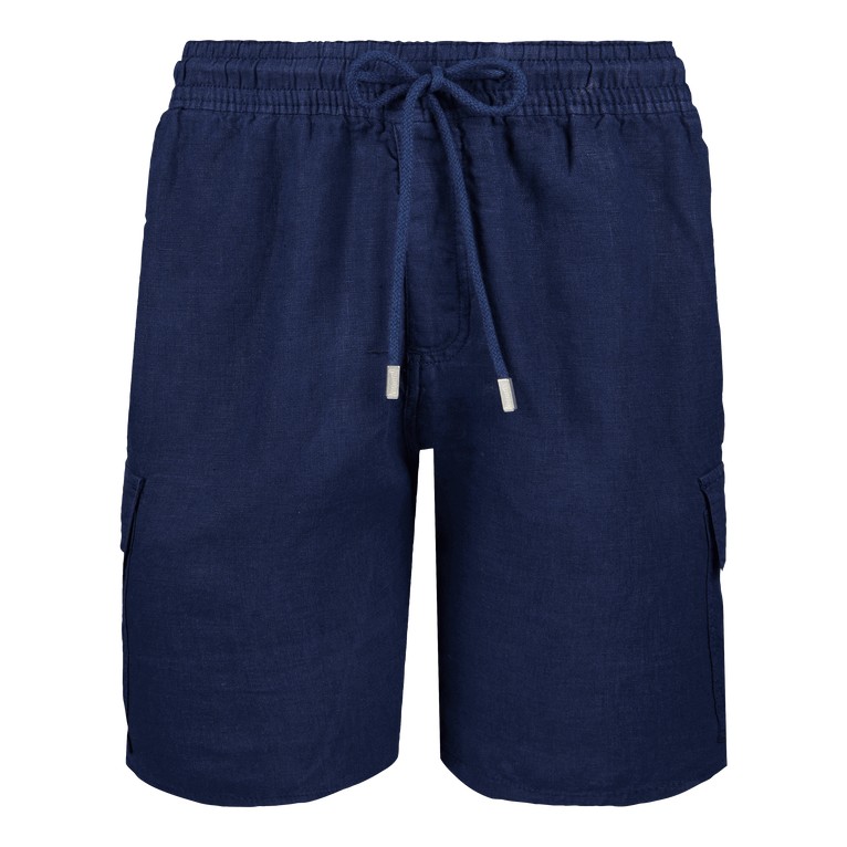 Men's blue linen Bermuda shorts featuring cargo pockets and an elastic drawstring waistband, designed by Vilebrequin in size 6XL.