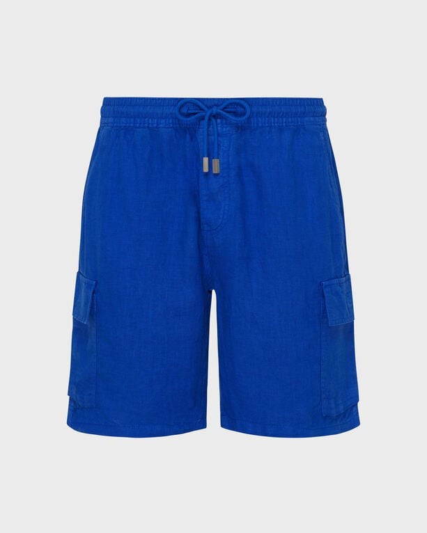 Blue linen Bermuda shorts featuring cargo pockets and an adjustable drawstring waist, designed for men in size L by Vilebrequin.