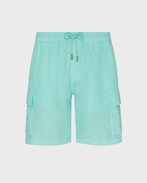 Men's Bermuda shorts in a vibrant turquoise color, made of lightweight linen, featuring cargo pockets and an elastic waistband with a drawstring, size S.