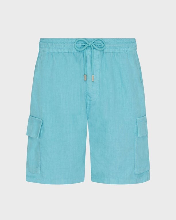 Men's Bermuda shorts in a vibrant turquoise linen fabric, featuring cargo pockets, an elastic waistband with a drawstring, and a relaxed fit, size M.