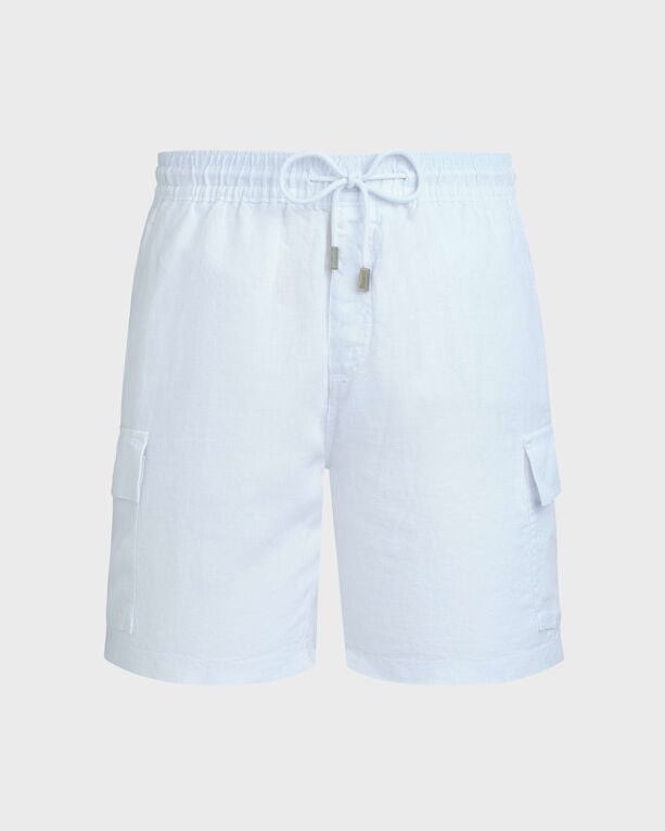White linen Bermuda shorts by Vilebrequin, featuring cargo pockets, an elastic waistband with drawstring, and a relaxed fit, size M.