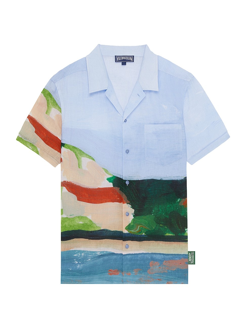 Light blue linen bowling shirt featuring a colorful landscape print, short sleeves, a chest pocket, and a relaxed fit, designed in collaboration with Highsnobiety.