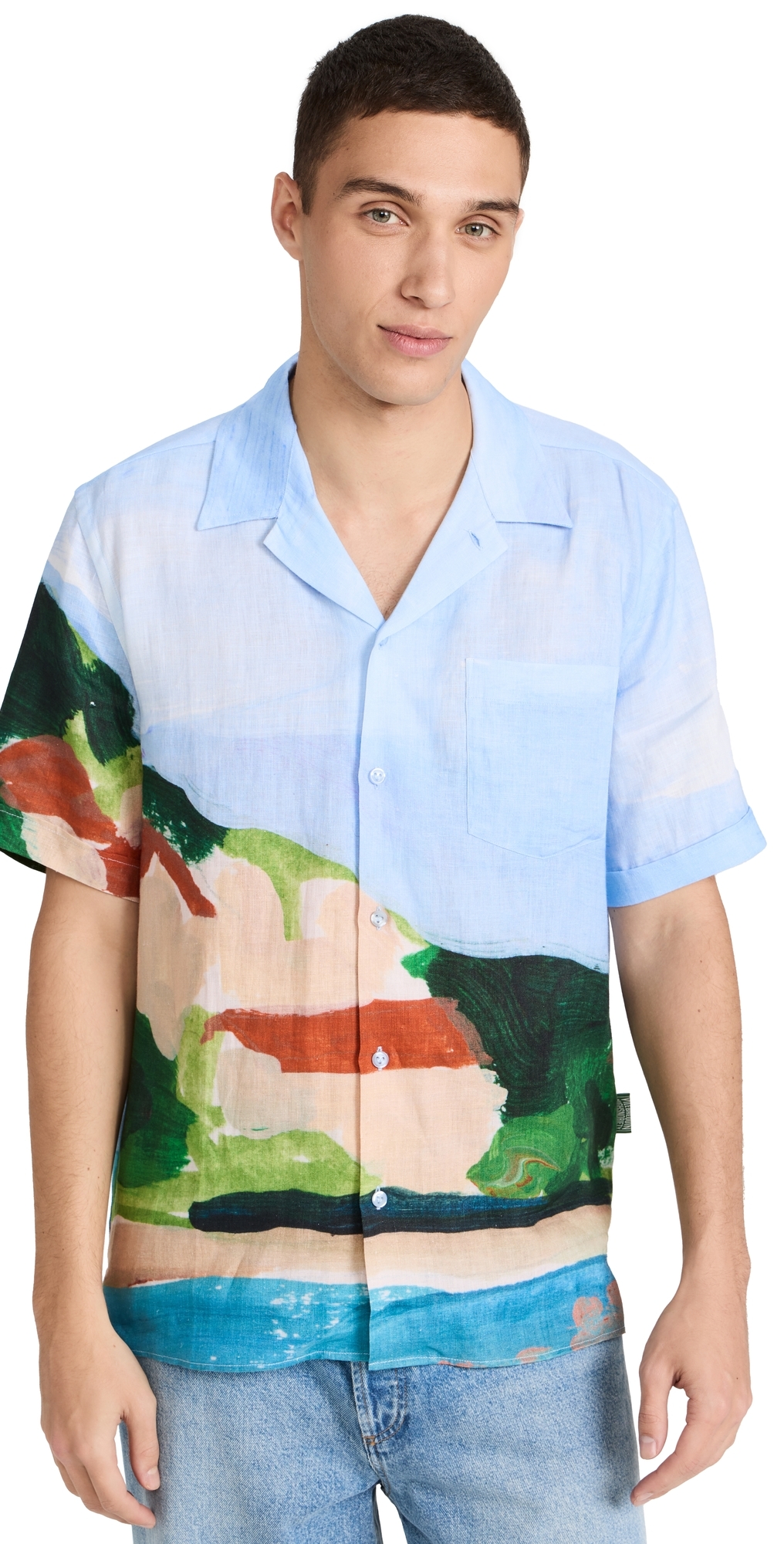 Light blue linen bowling shirt featuring a colorful landscape print, short sleeves, a chest pocket, and a relaxed fit, designed in collaboration with Highsnobiety.