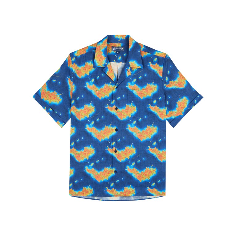Short-sleeve blue linen bowling shirt featuring a vibrant ocean-inspired print in orange and yellow, labeled "Vilebrequin" and sized S.