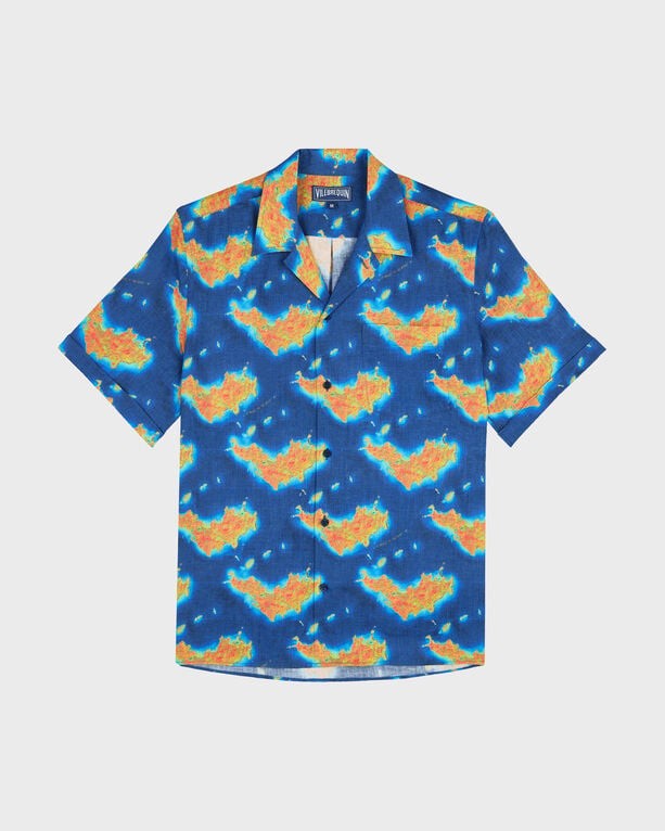 Short-sleeved blue linen bowling shirt featuring a vibrant ocean-inspired print in orange and yellow, labeled as "Bathymétrie Des Oceans St Barth," size XXL.