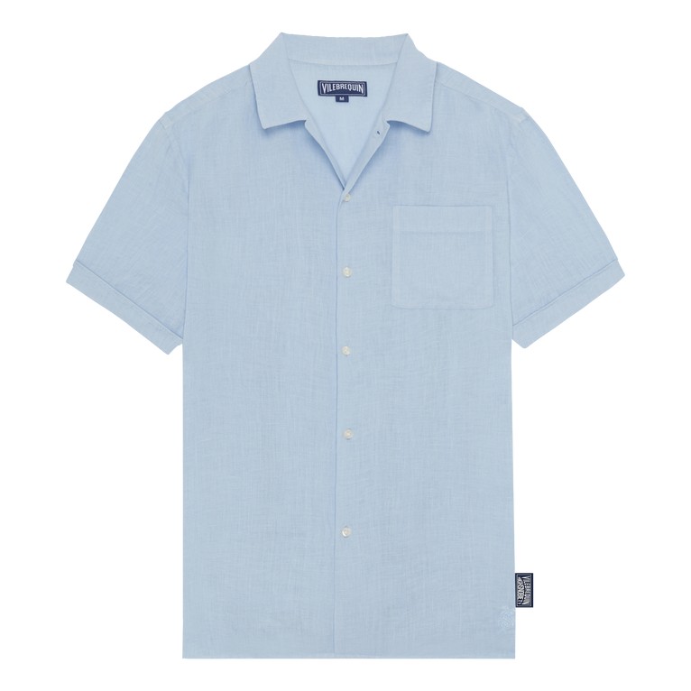 Light blue linen bowling shirt with short sleeves, a single chest pocket, and a button-down front, featuring the Vilebrequin logo on the collar. Size XS.