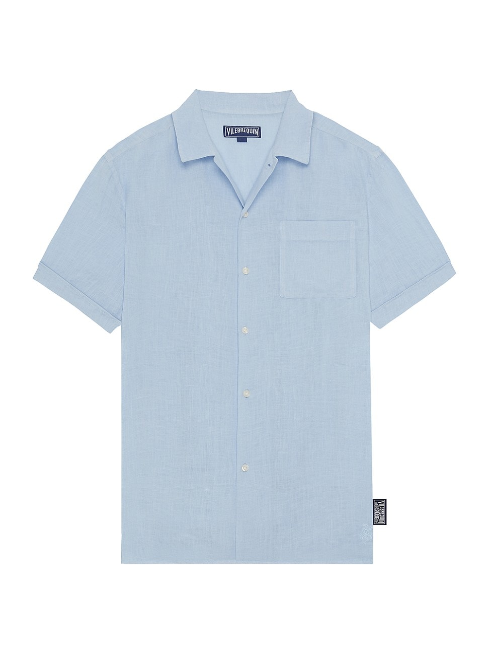 Light blue linen bowling shirt featuring a button-up front, short sleeves, a single chest pocket, and a Vilebrequin label on the side, available in size XXL.
