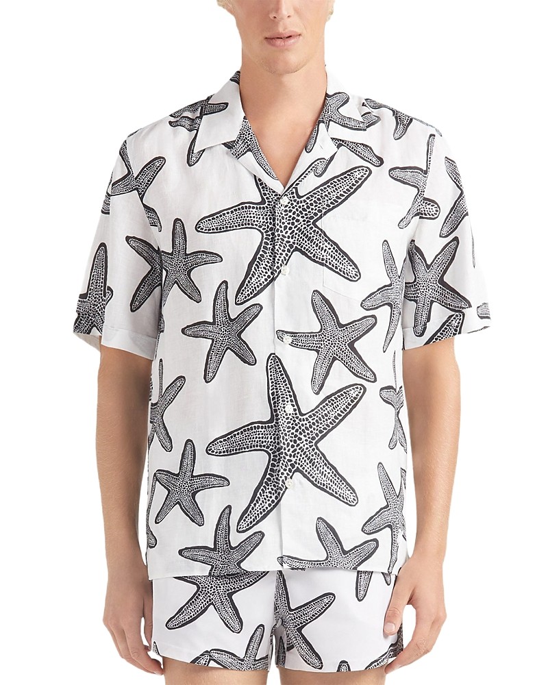 White linen bowling shirt featuring a black starfish print, short sleeves, and a relaxed fit, designed by Vilebrequin in size S.