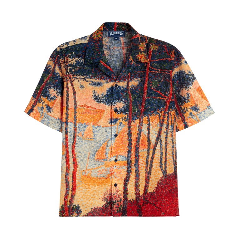 Short-sleeved linen bowling shirt in vibrant yellow with a colorful artistic print featuring trees and a scenic landscape, labeled Vilebrequin, size S.