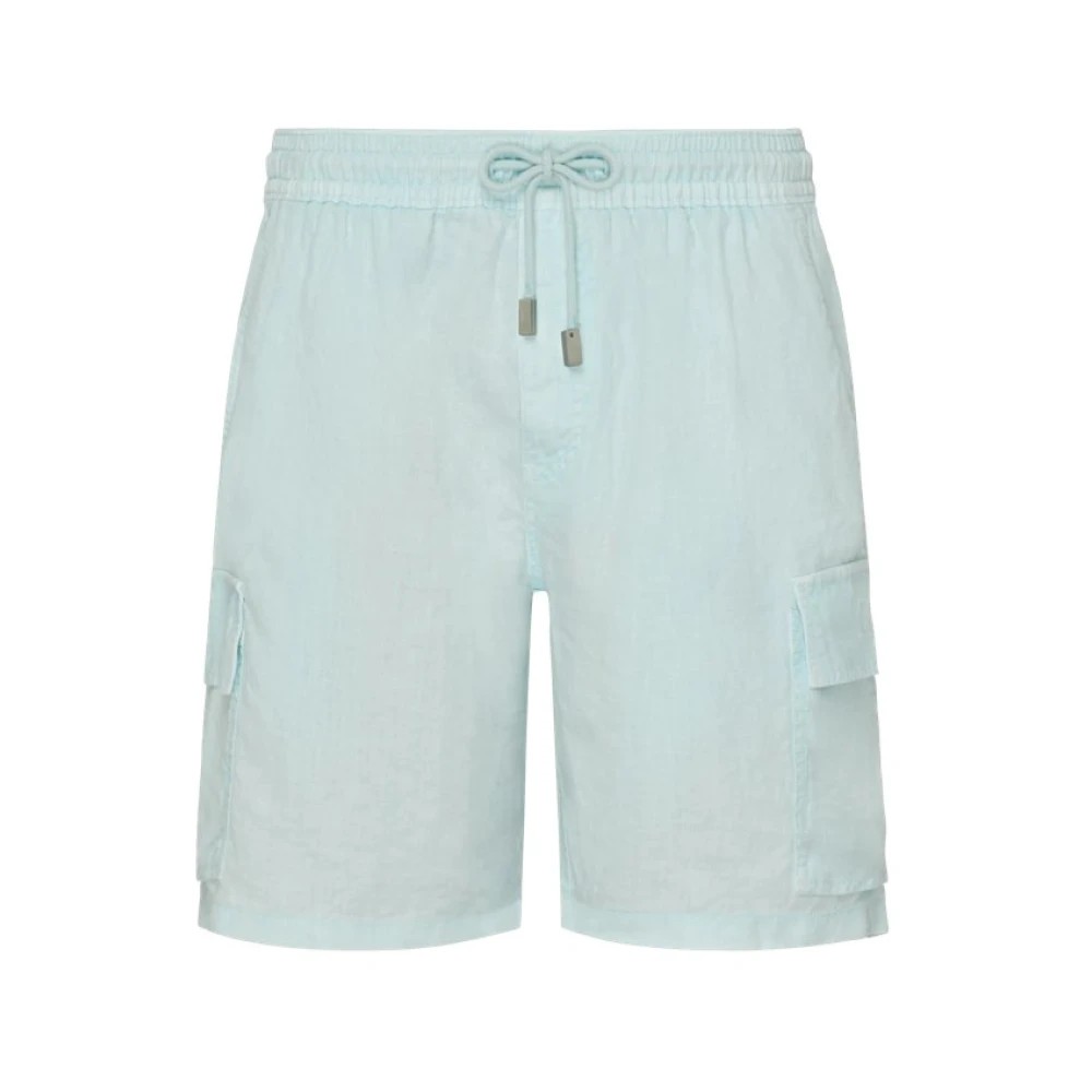 Light blue linen cargo Bermuda shorts featuring an elastic waistband with a drawstring, side pockets, and a relaxed fit, available in size XL.