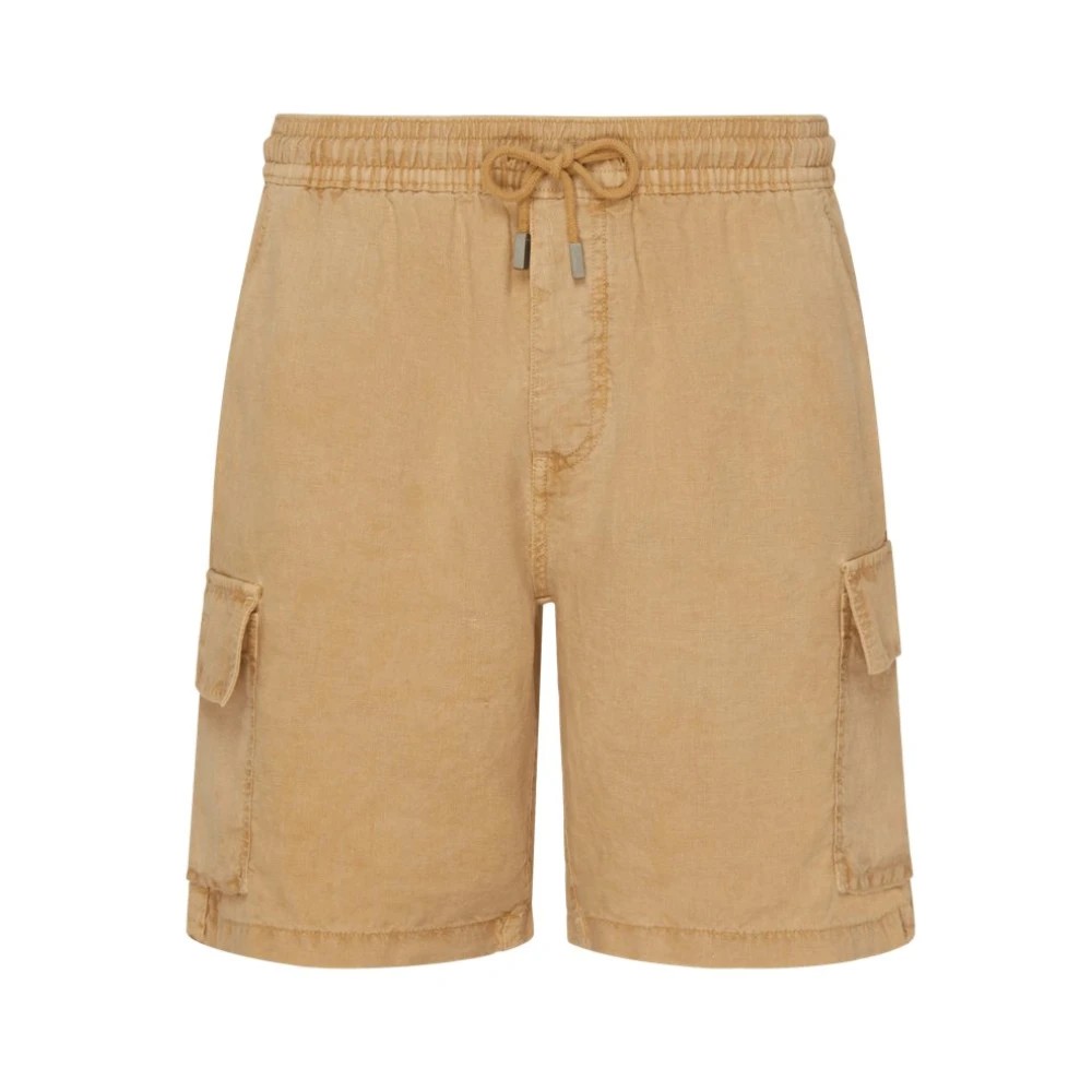 Men's brown linen cargo Bermuda shorts with natural dye, featuring an elastic waistband, drawstring, and two side cargo pockets, in size XL.